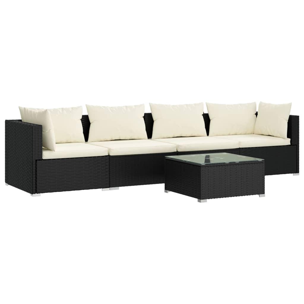 5 Piece Garden Lounge Set with Cushions Poly Rattan Black