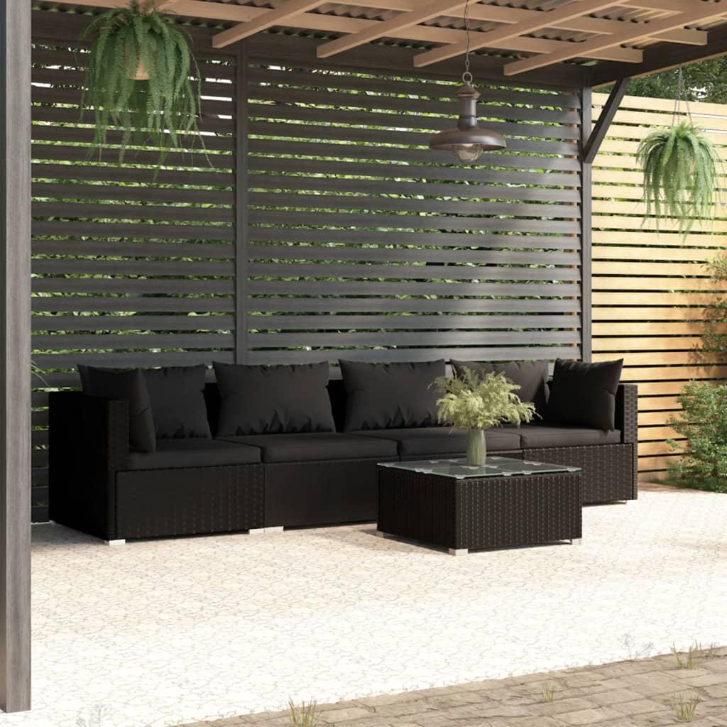 5 Piece Garden Lounge Set with Cushions Poly Rattan Black