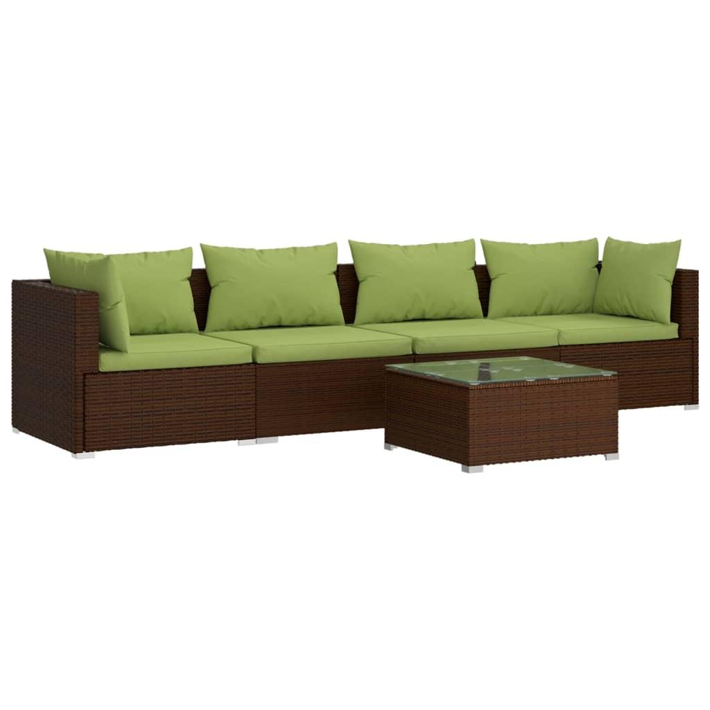 5 Piece Garden Lounge Set with Cushions Poly Rattan Brown