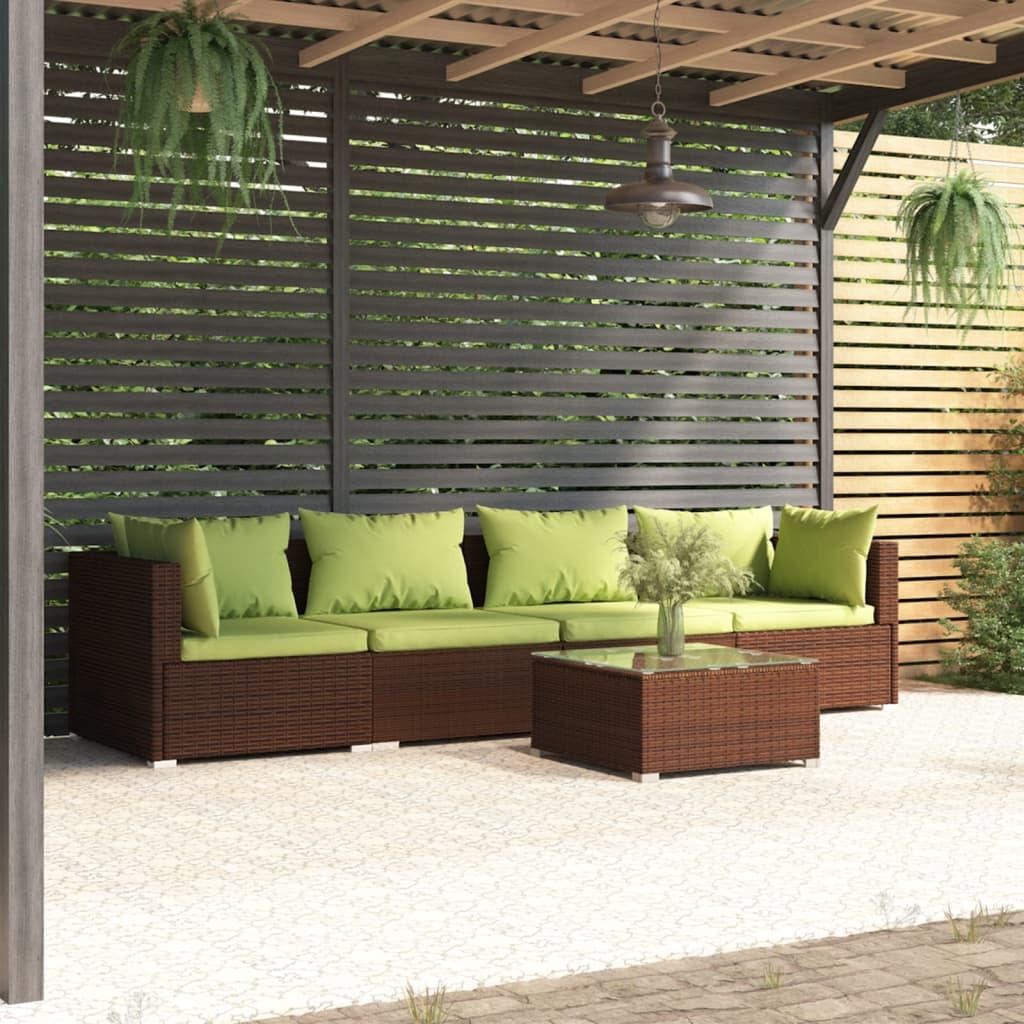 5 Piece Garden Lounge Set with Cushions Poly Rattan Brown