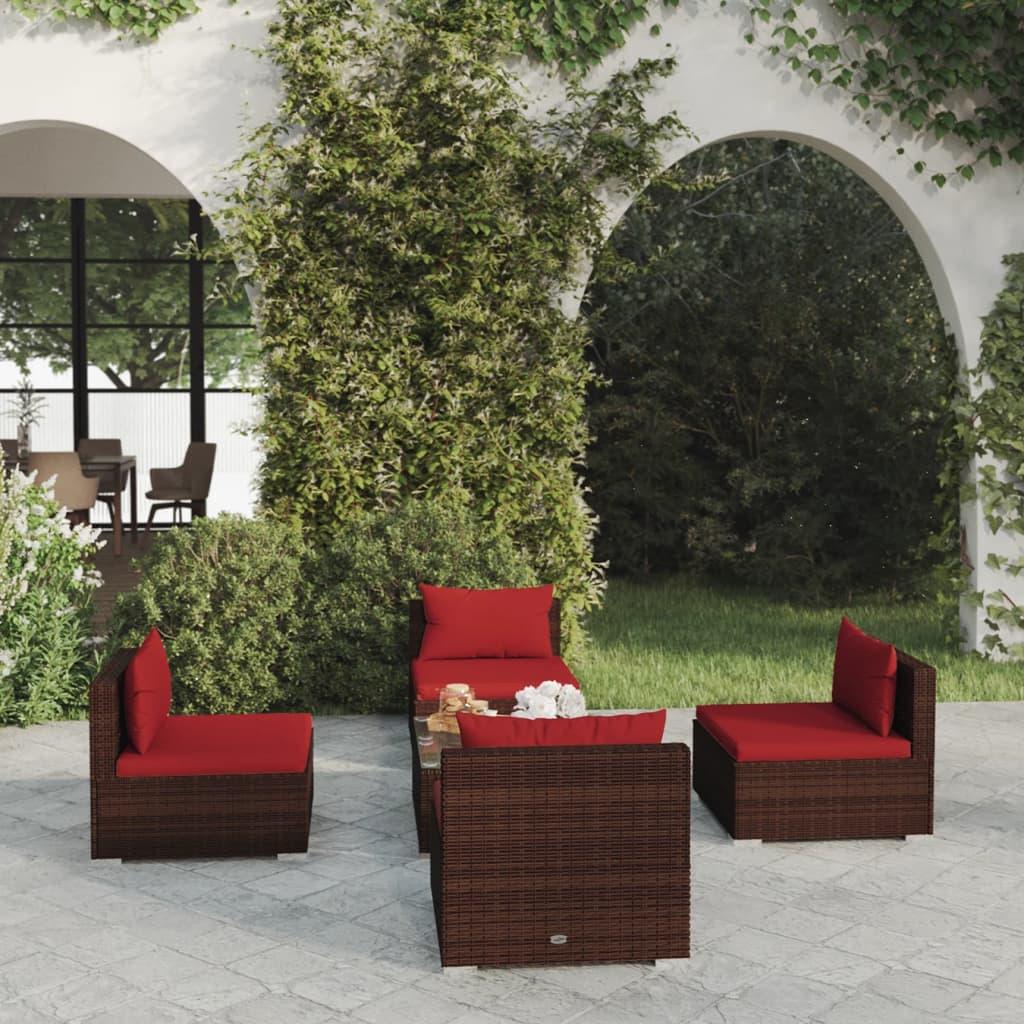 5 Piece Garden Lounge Set with Cushions Poly Rattan Brown