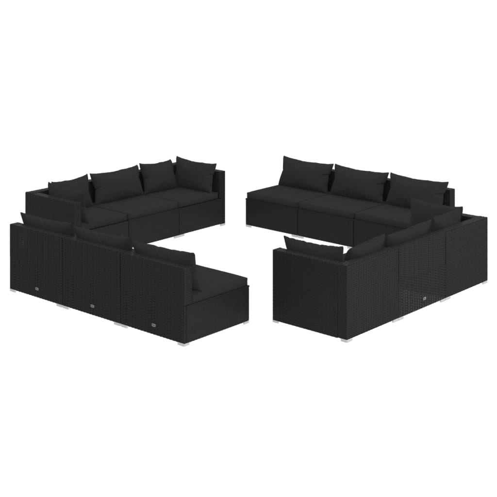 12 Piece Garden Lounge Set with Cushions Poly Rattan Black