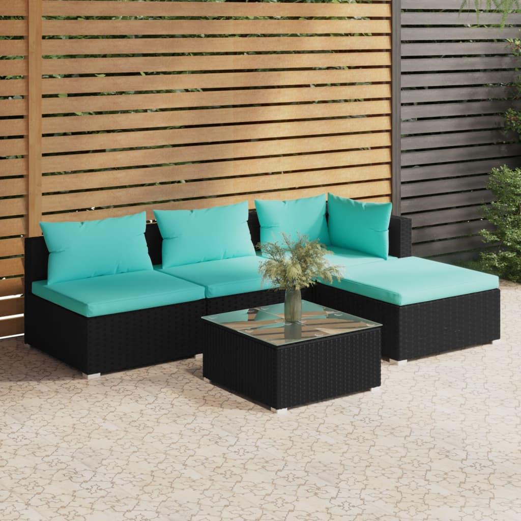 5 Piece Garden Lounge Set with Cushions Poly Rattan Black