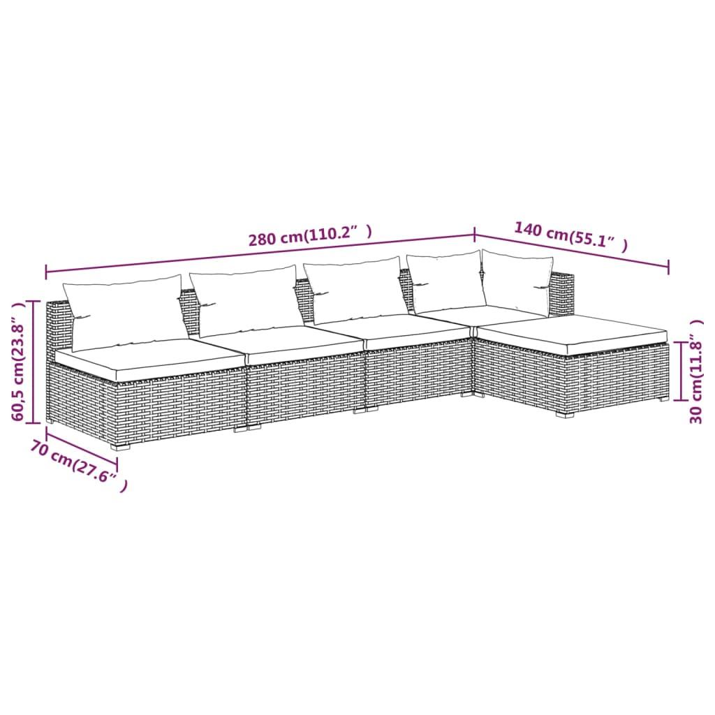 5 Piece Garden Lounge Set with Cushions Poly Rattan Grey