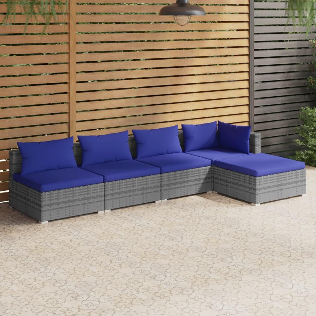 5 Piece Garden Lounge Set with Cushions Poly Rattan Grey