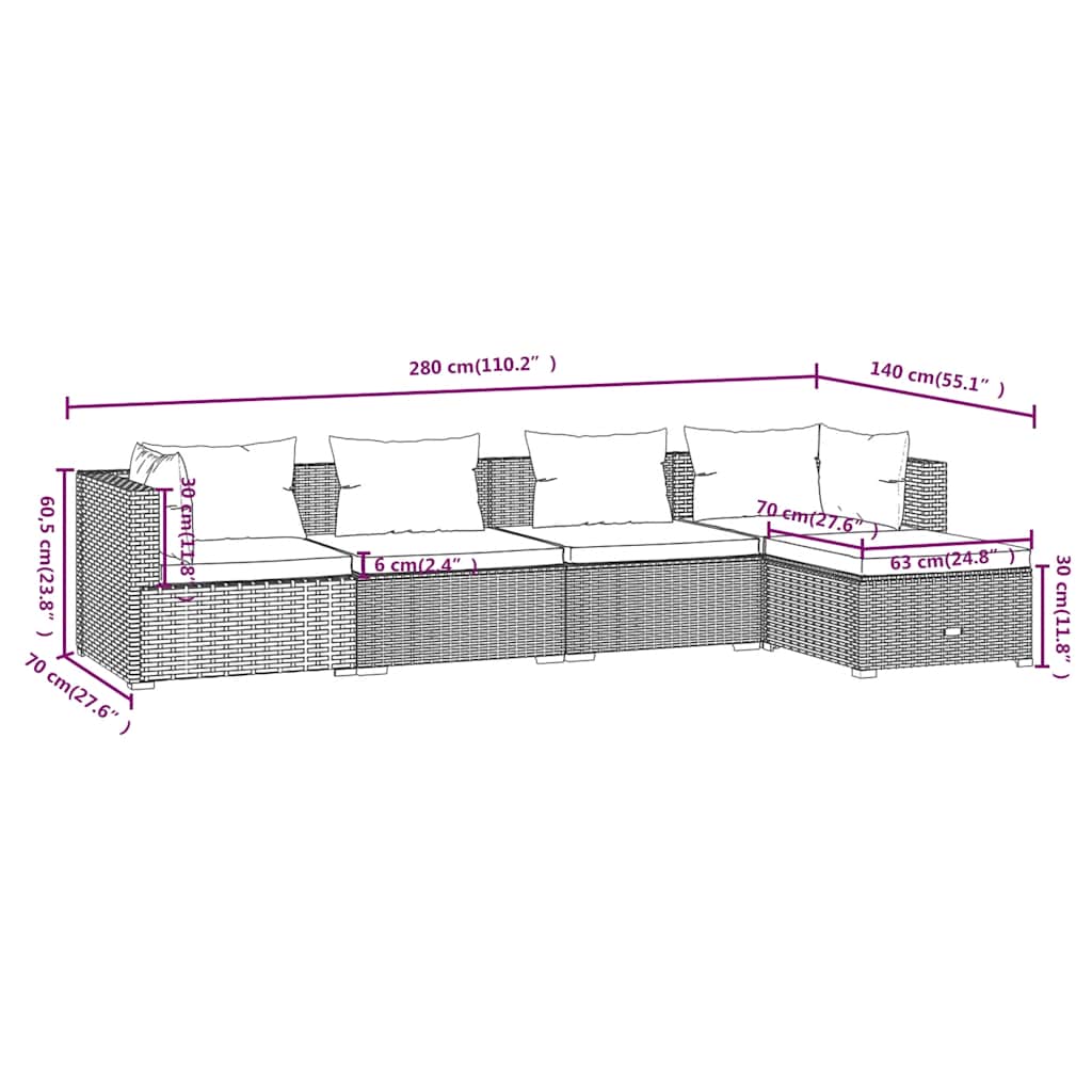 5 Piece Garden Lounge Set with Cushions Poly Rattan Black