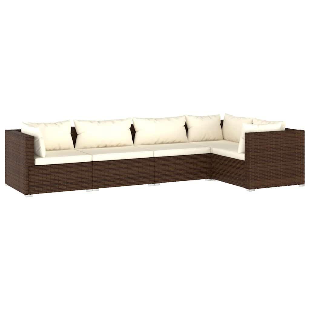 5 Piece Garden Lounge Set with Cushions Poly Rattan Brown