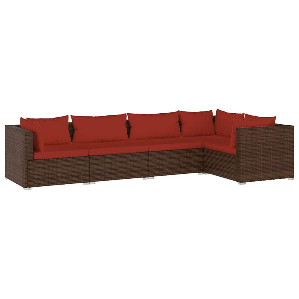 5 Piece Garden Lounge Set with Cushions Poly Rattan Brown