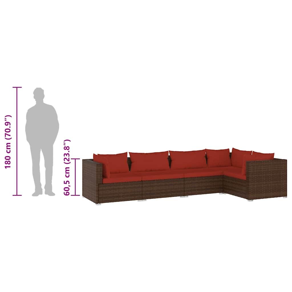 5 Piece Garden Lounge Set with Cushions Poly Rattan Brown