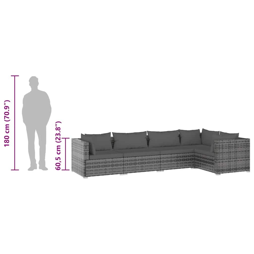 5 Piece Garden Lounge Set with Cushions Poly Rattan Grey