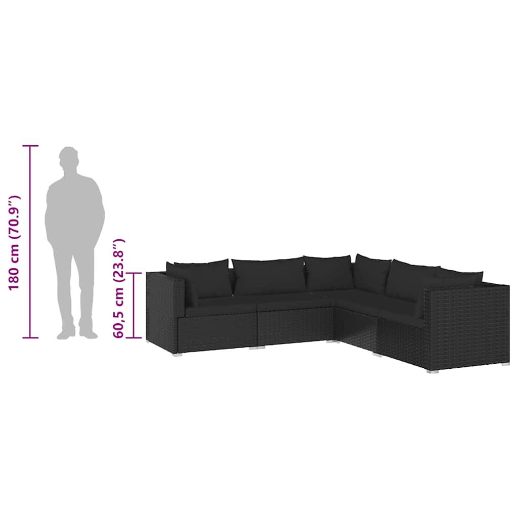 5 Piece Garden Lounge Set with Cushions Poly Rattan Black