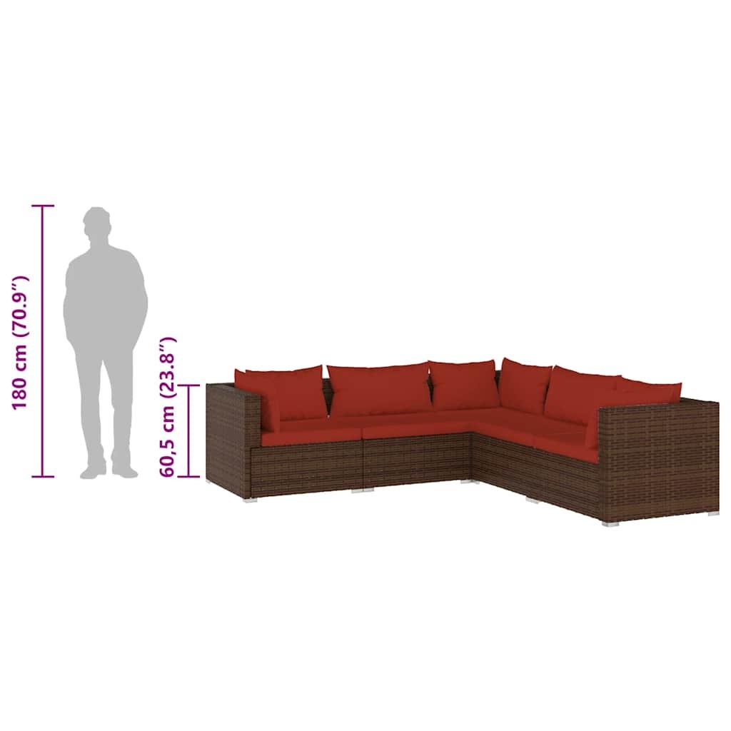 5 Piece Garden Lounge Set with Cushions Poly Rattan Brown