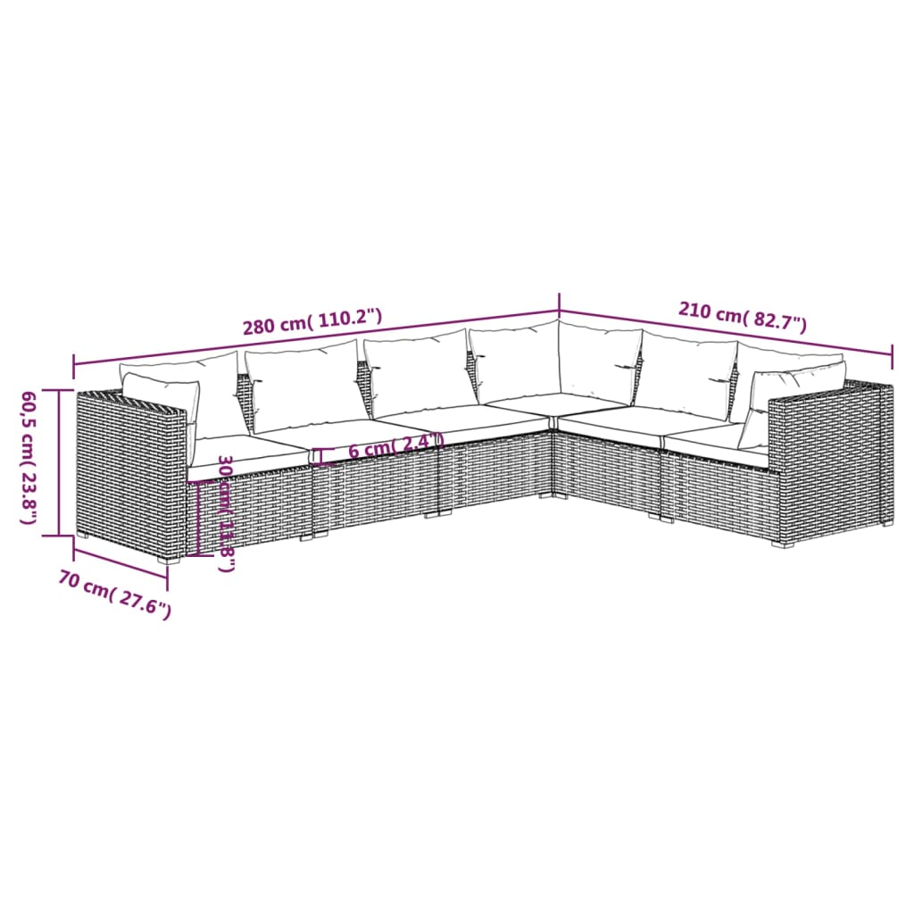 6 Piece Garden Lounge Set with Cushions Poly Rattan Brown