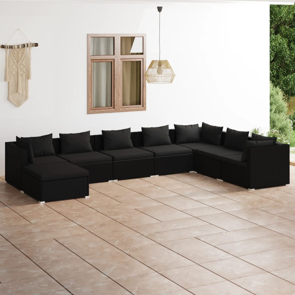 8 Piece Garden Lounge Set with Cushions Poly Rattan Black