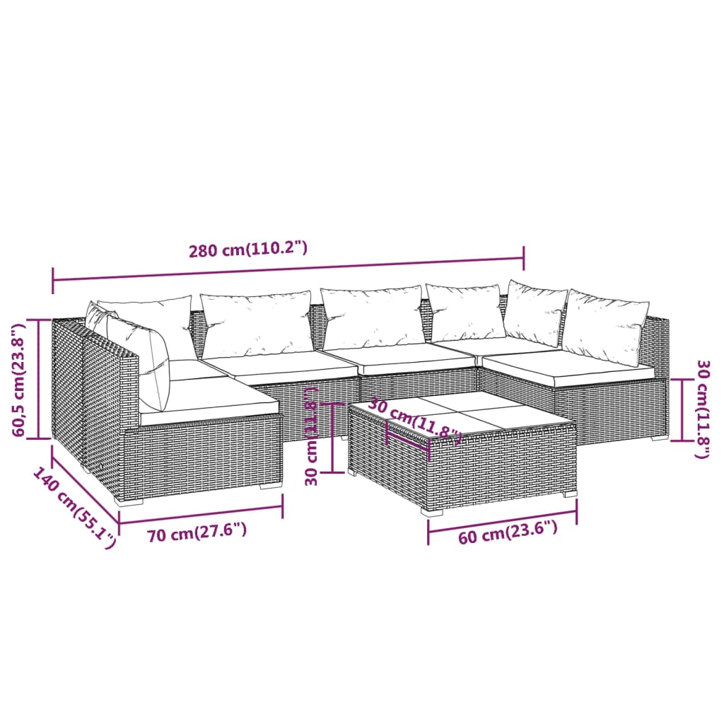 7 Piece Garden Lounge Set with Cushions Poly Rattan Brown