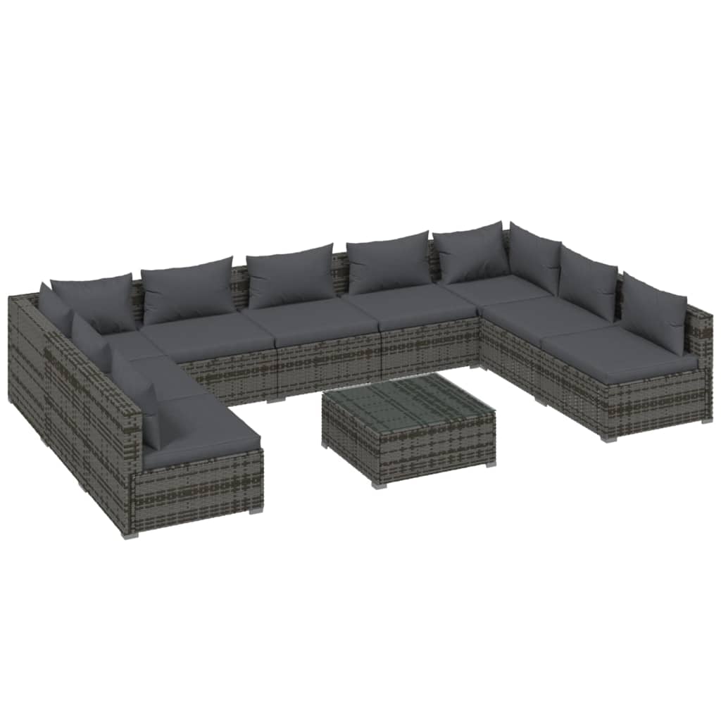 10 Piece Garden Lounge Set with Cushions Poly Rattan Grey