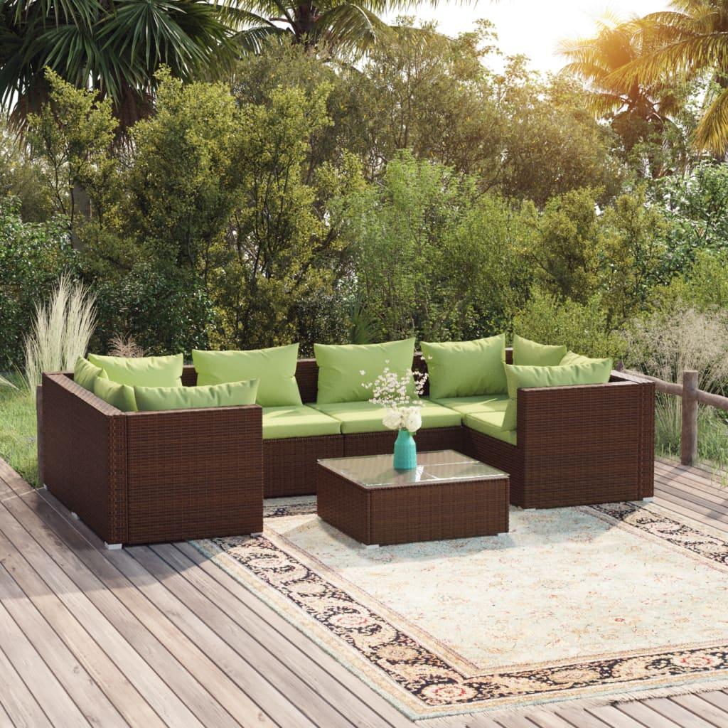 7 Piece Garden Lounge Set with Cushions Poly Rattan Brown