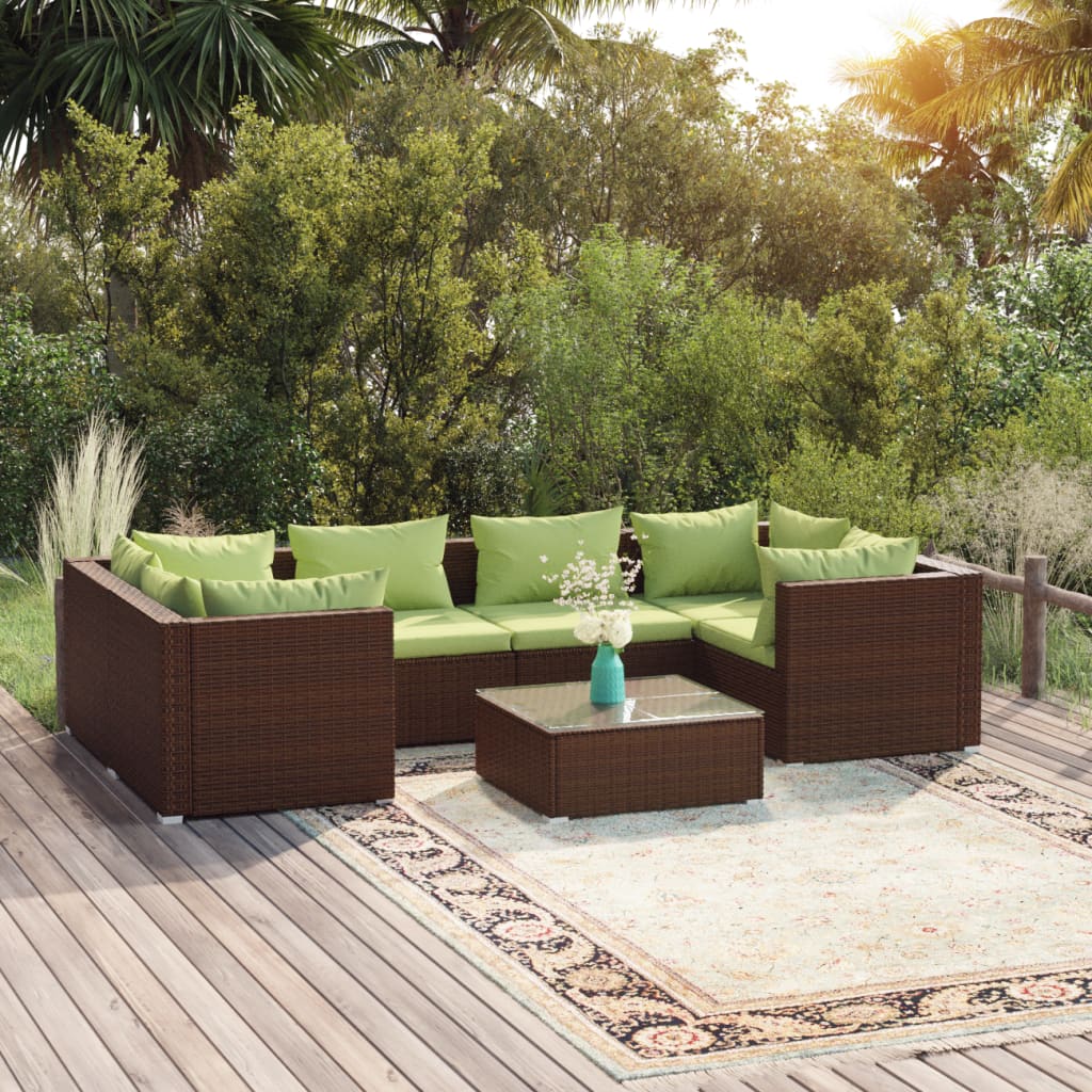 7 Piece Garden Lounge Set with Cushions Poly Rattan Brown