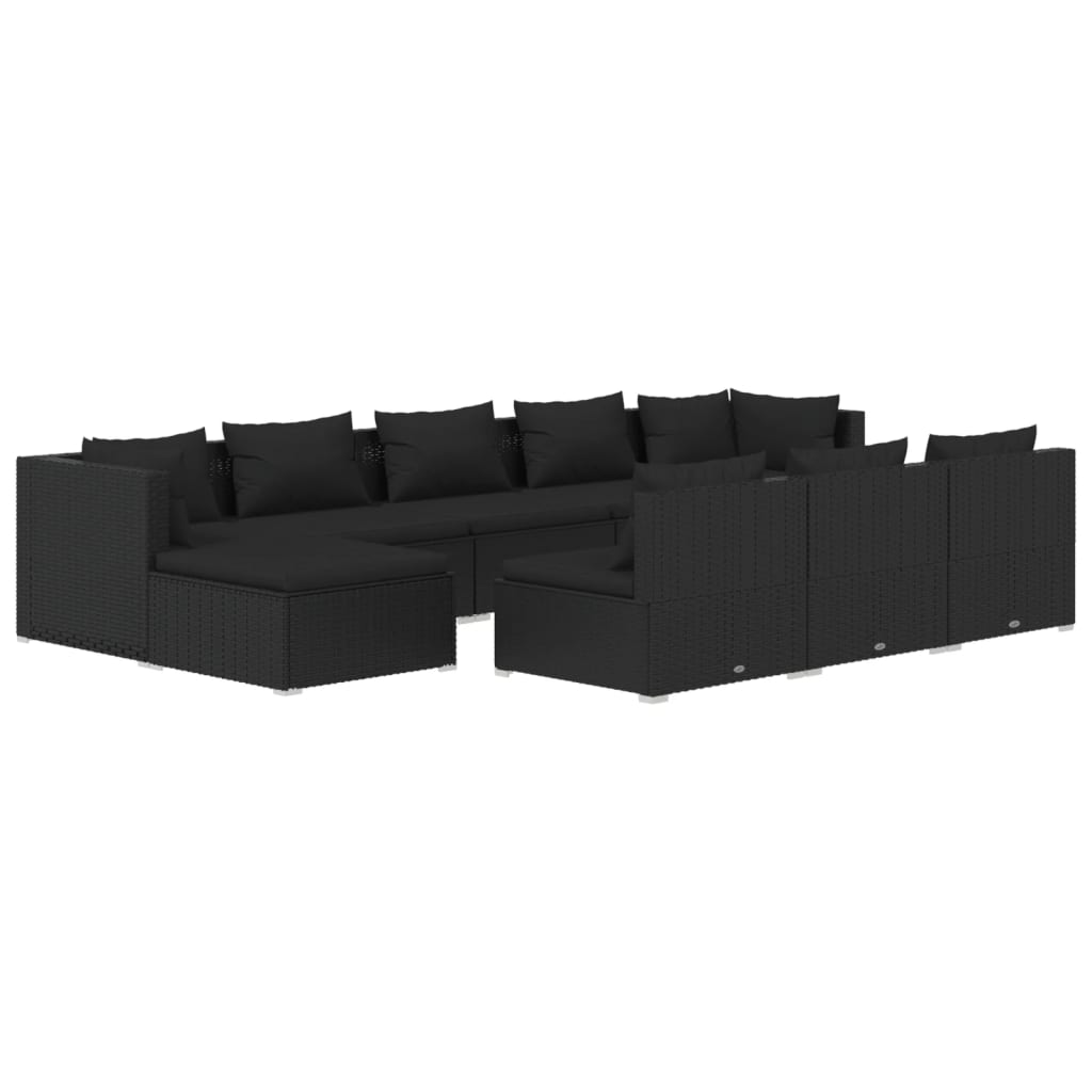 10 Piece Garden Lounge Set with Cushions Black Poly Rattan