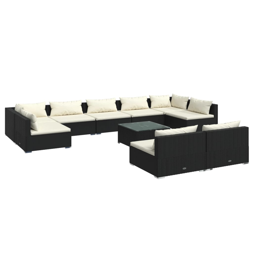 10 Piece Garden Lounge Set with Cushions Black Poly Rattan