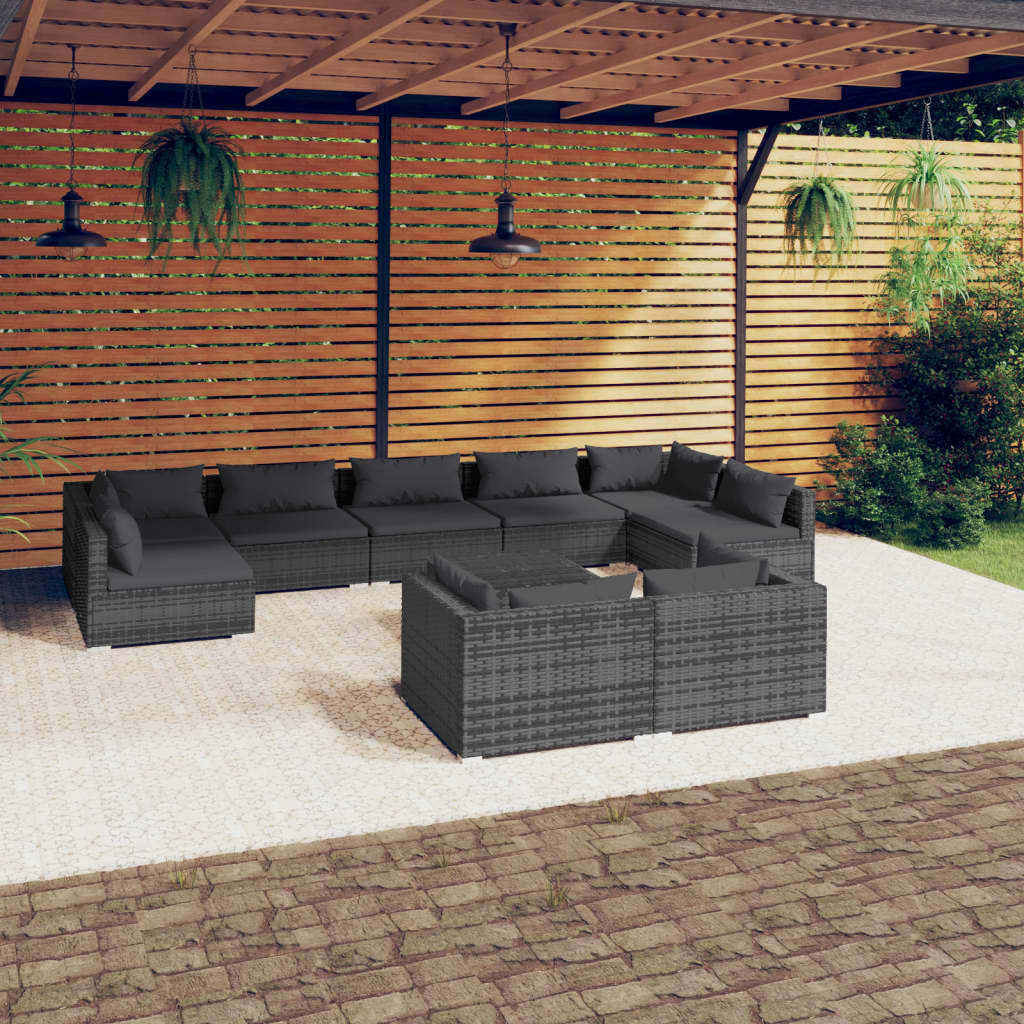 10 Piece Garden Lounge Set with Cushions Grey Poly Rattan