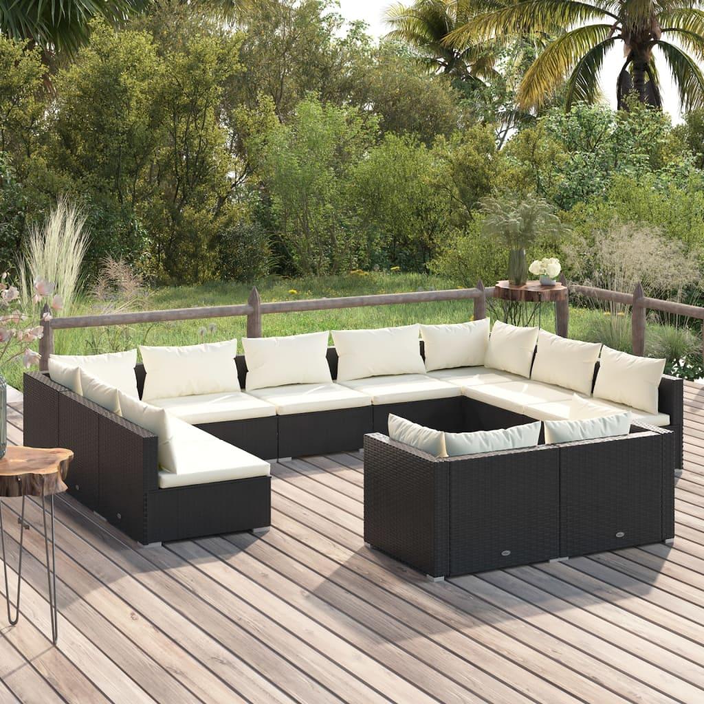 11 Piece Garden Lounge Set with Cushions Black Poly Rattan