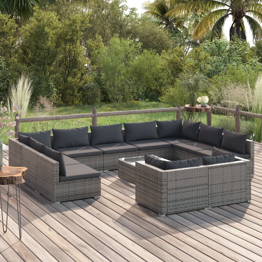 12 Piece Garden Lounge Set with Cushions Grey Poly Rattan