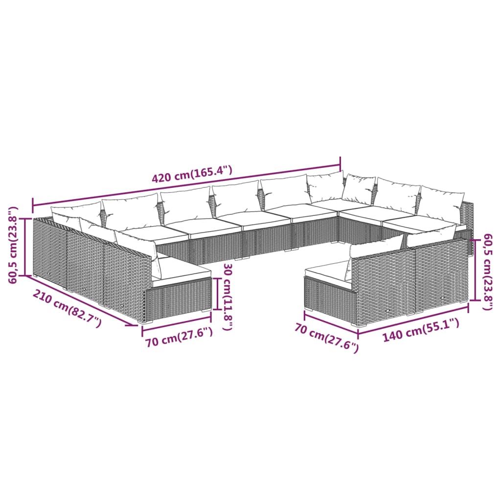 12 Piece Garden Lounge Set with Cushions Grey Poly Rattan