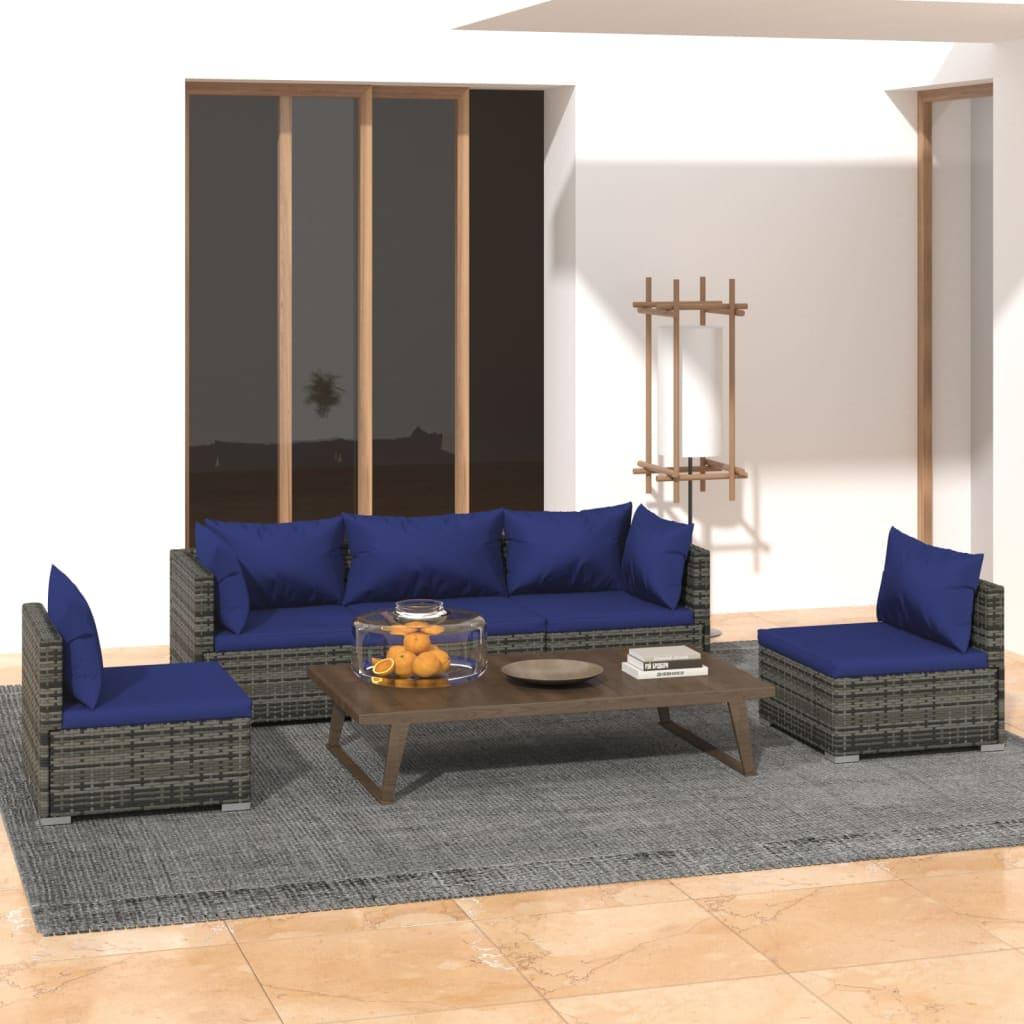 5 Piece Garden Lounge Set with Cushions Poly Rattan Grey