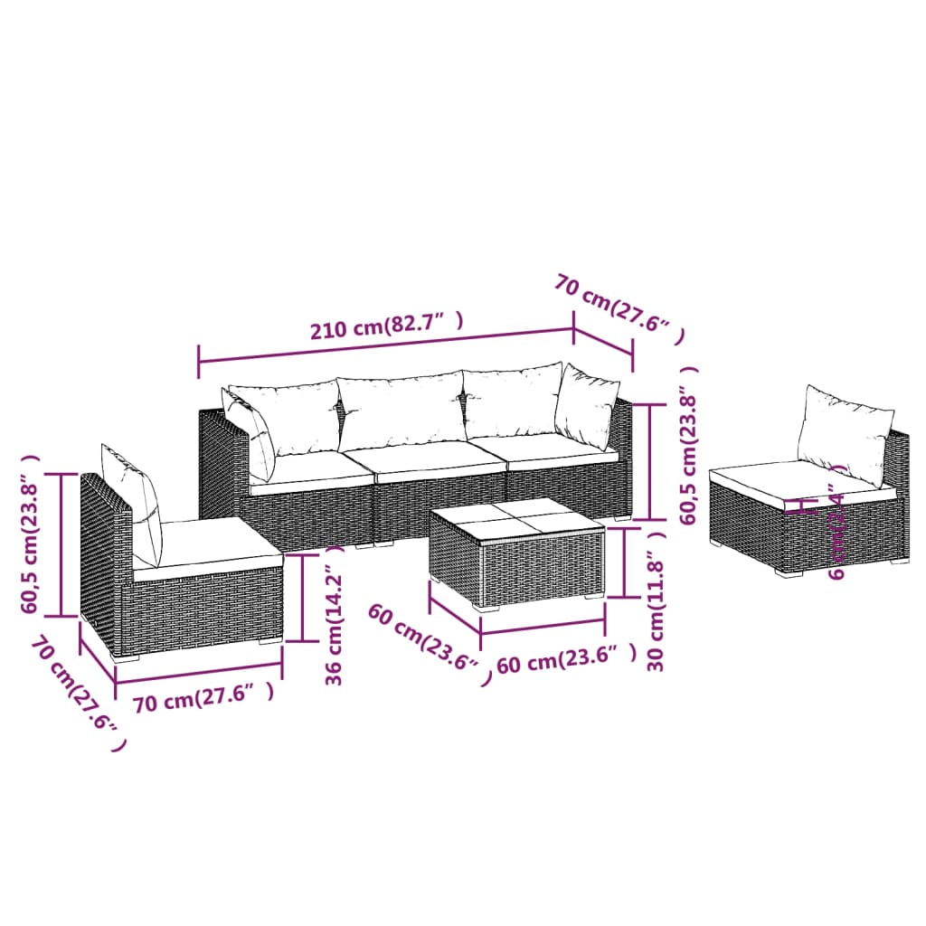 6 Piece Garden Lounge Set with Cushions Poly Rattan Black