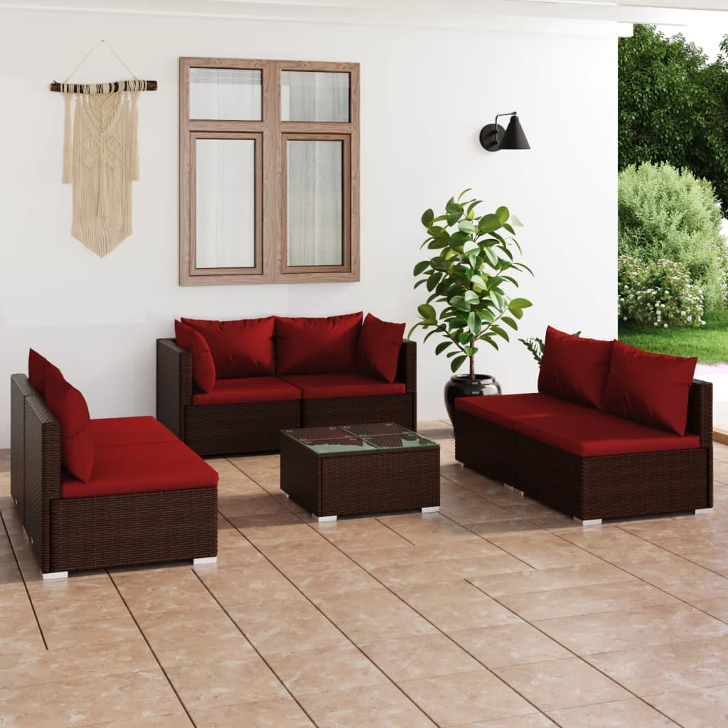 7 Piece Garden Lounge Set with Cushions Poly Rattan Brown
