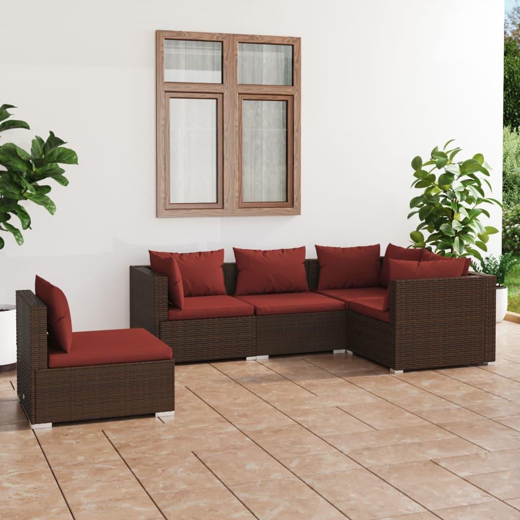 5 Piece Garden Lounge Set with Cushions Poly Rattan Brown