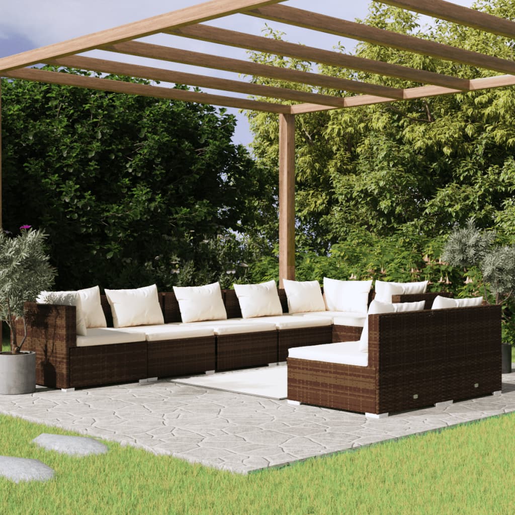 8 Piece Garden Lounge Set with Cushions Brown Poly Rattan