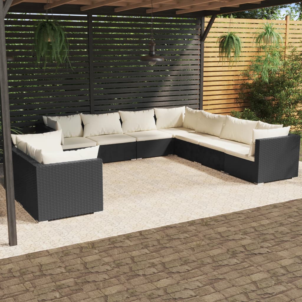 9 Piece Garden Lounge Set with Cushions Black Poly Rattan