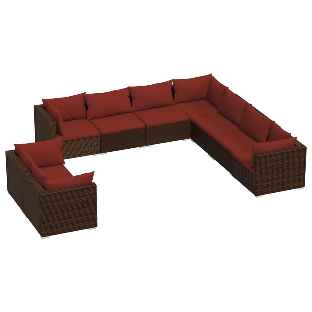 9 Piece Garden Lounge Set with Cushions Brown Poly Rattan