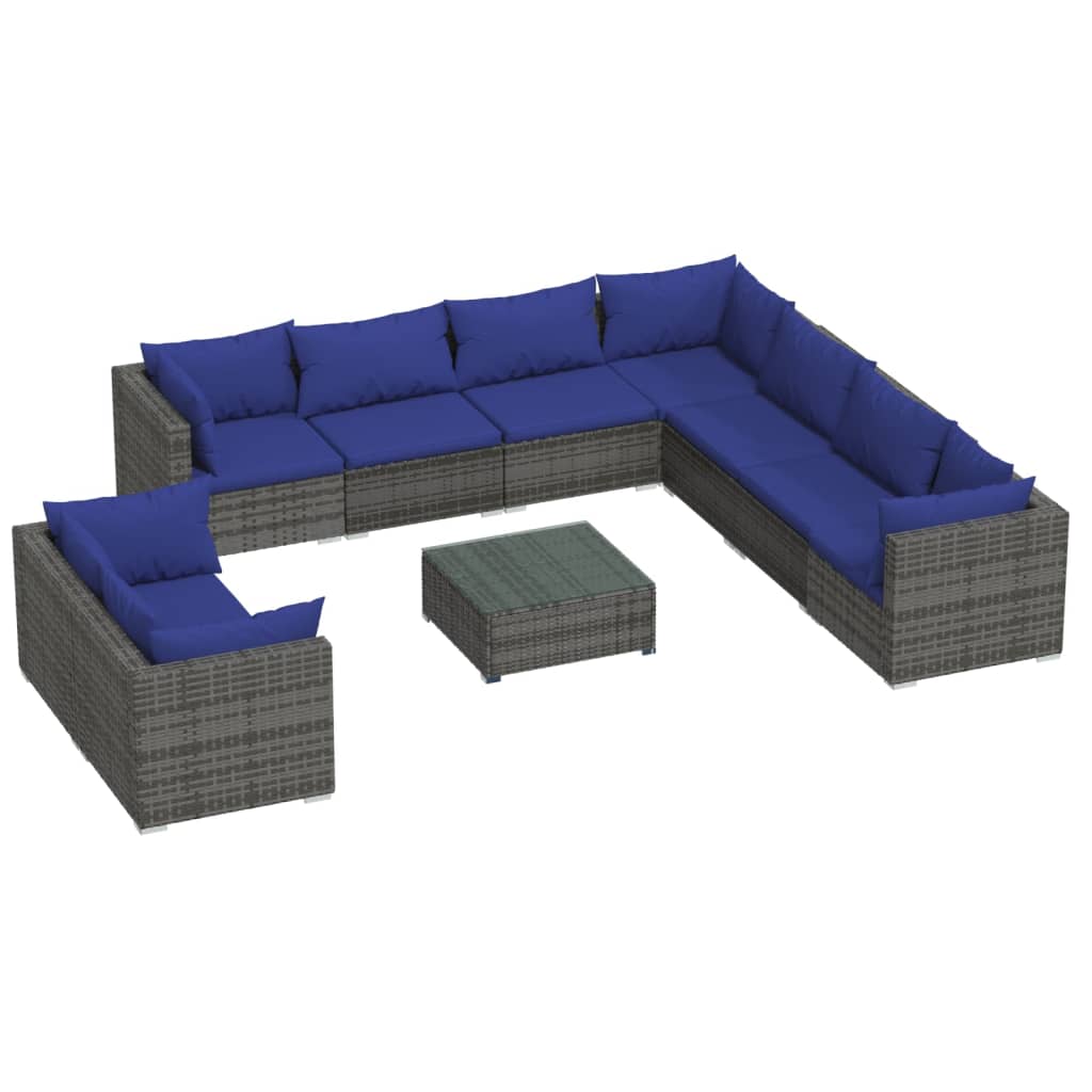 10 Piece Garden Lounge Set with Cushions Grey Poly Rattan