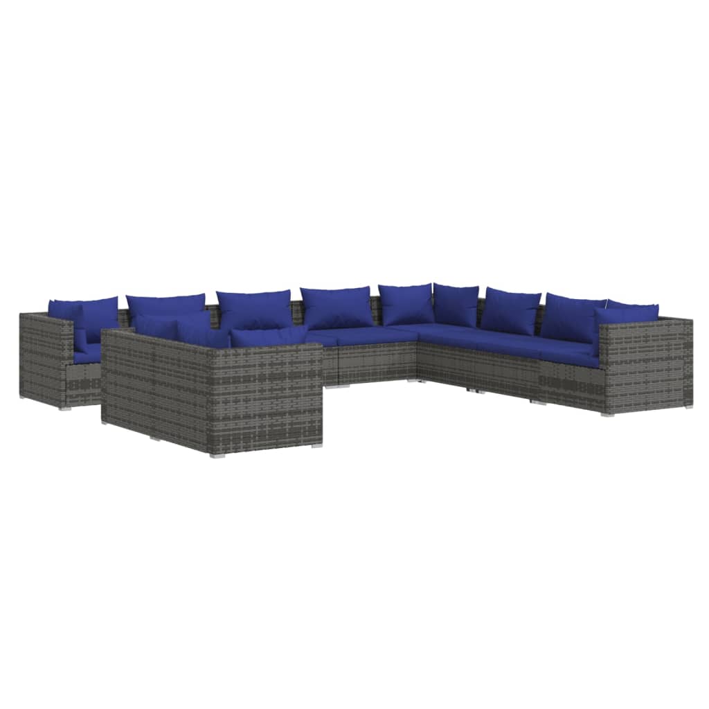 10 Piece Garden Lounge Set with Cushions Grey Poly Rattan