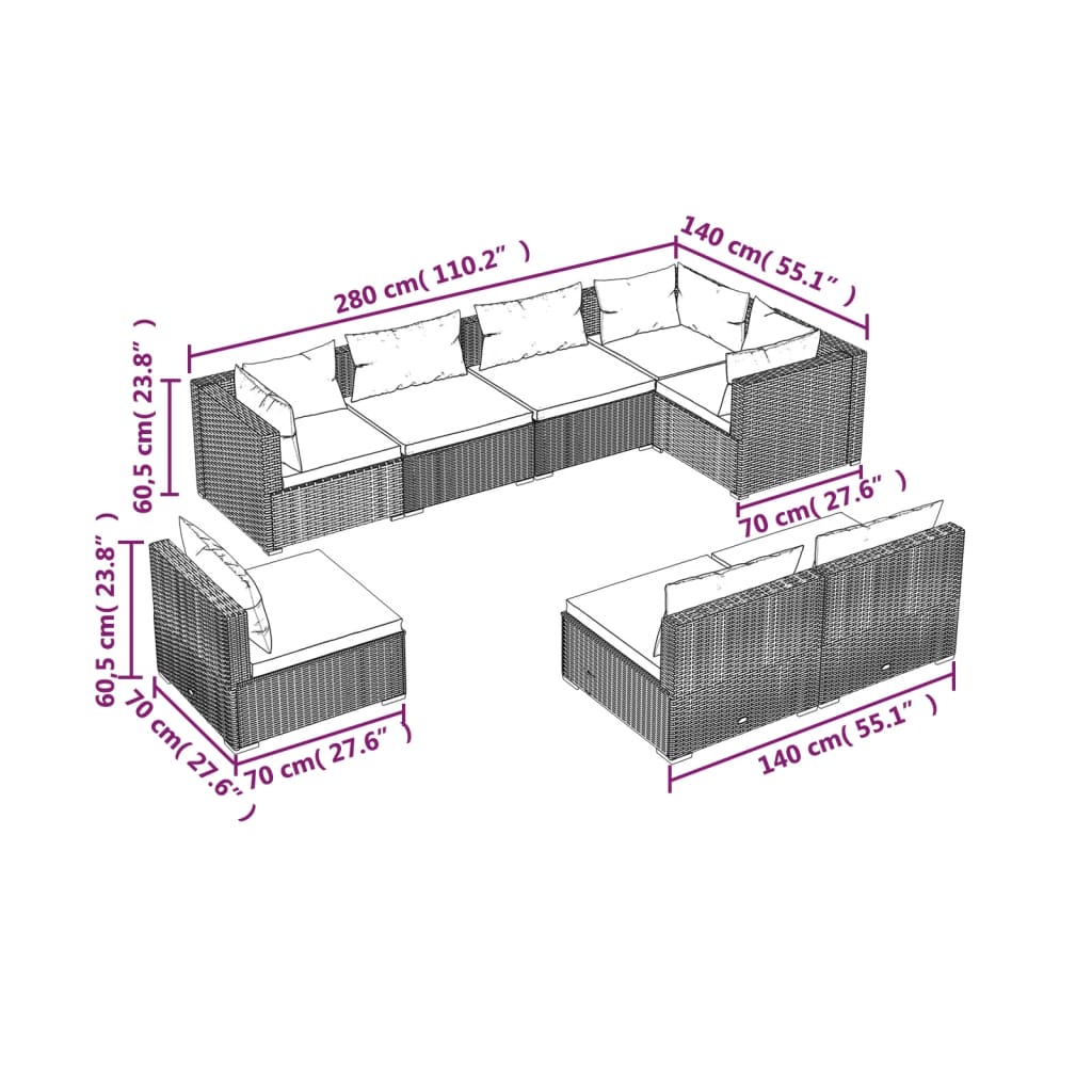 8 Piece Garden Lounge Set with Cushions Poly Rattan Black