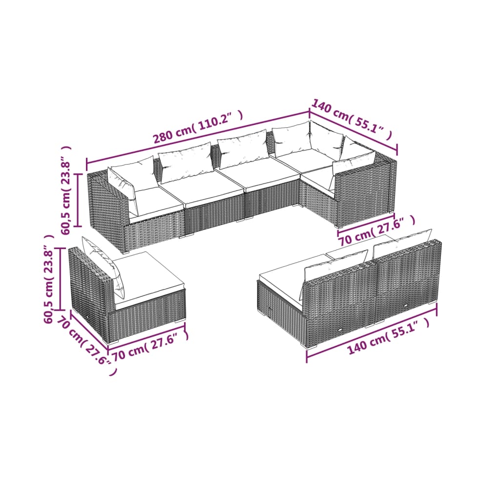 8 Piece Garden Lounge Set with Cushions Poly Rattan Grey