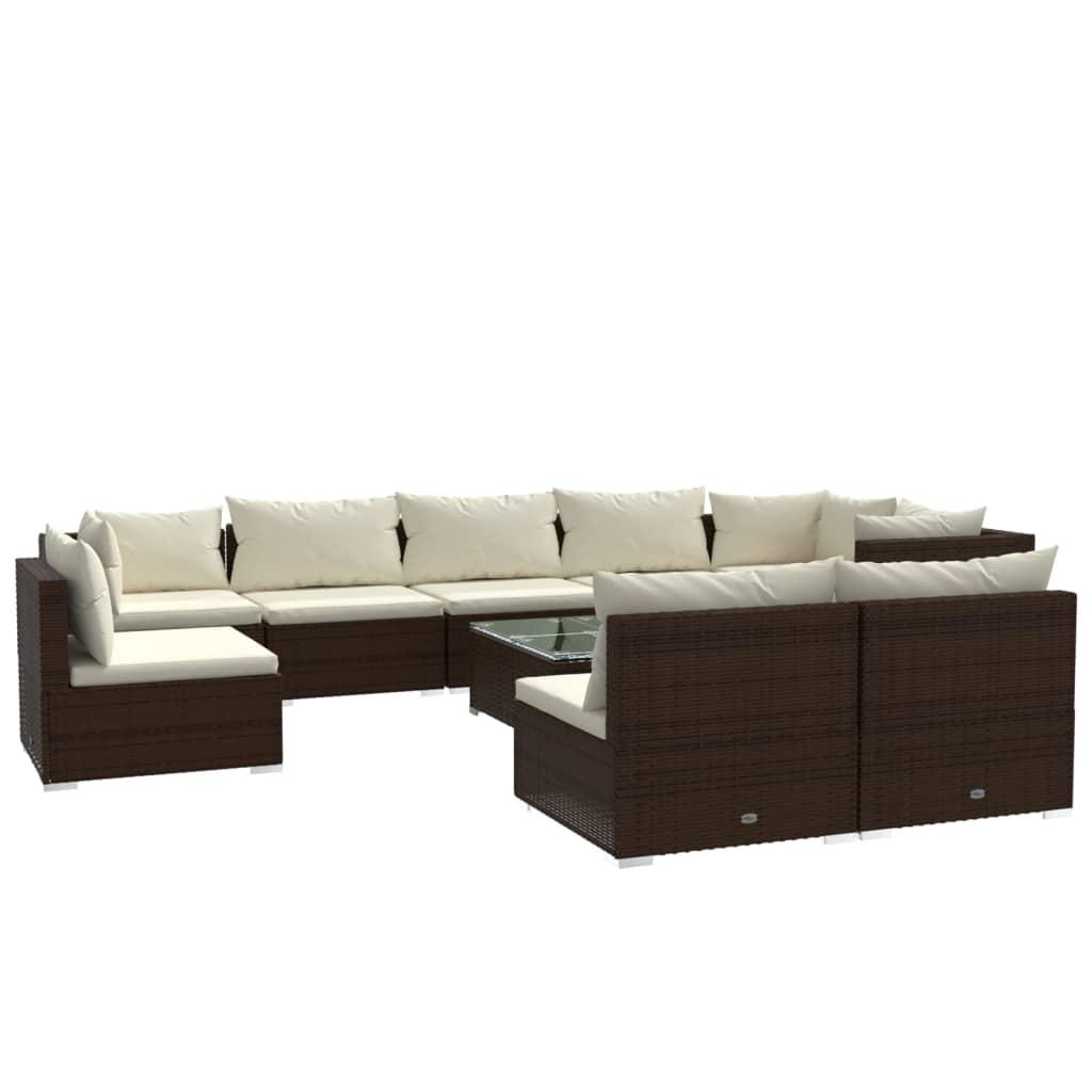 10 Piece Garden Lounge Set with Cushions Poly Rattan Brown