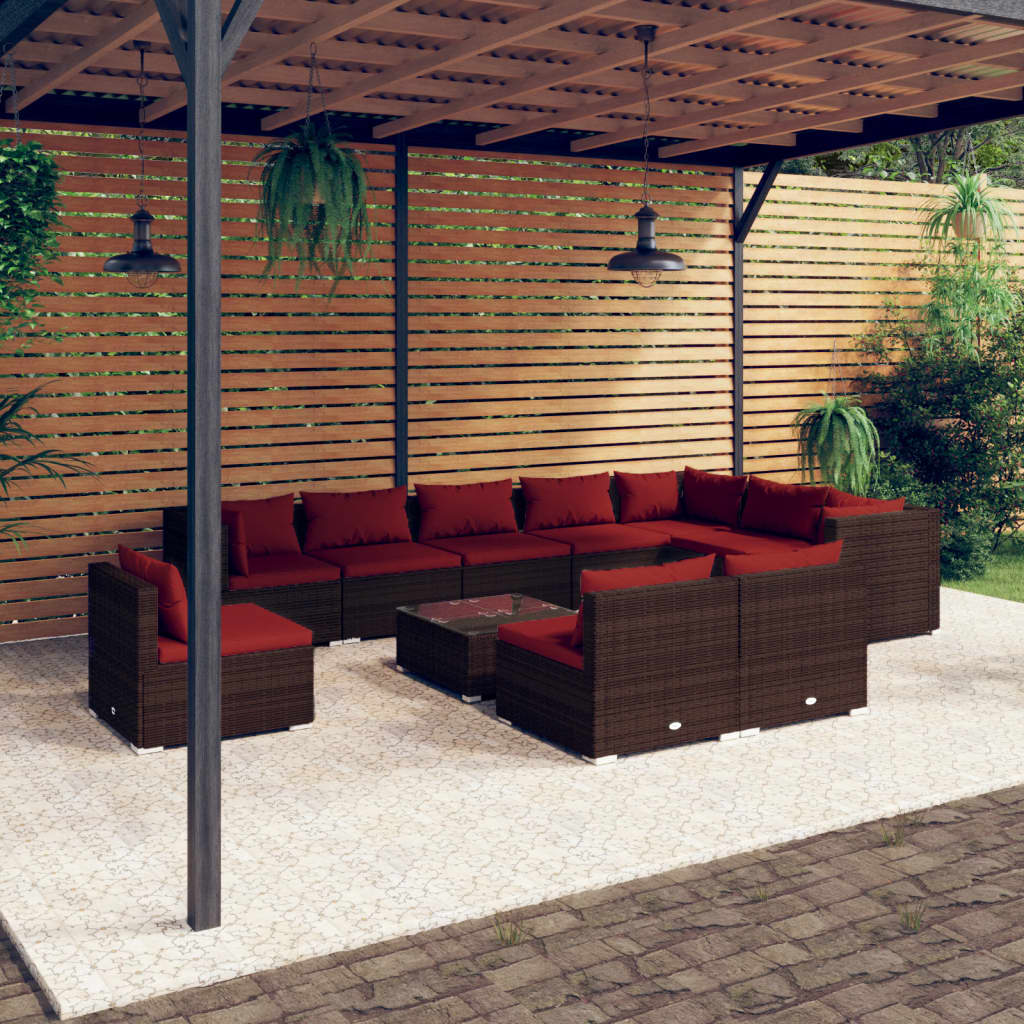 11 Piece Garden Lounge Set with Cushions Poly Rattan Brown