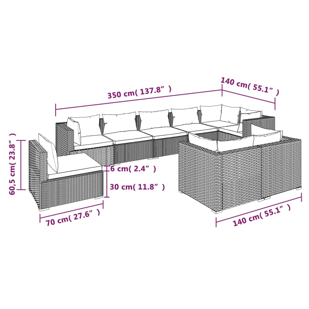 9 Piece Garden Lounge Set with Cushions Poly Rattan Grey