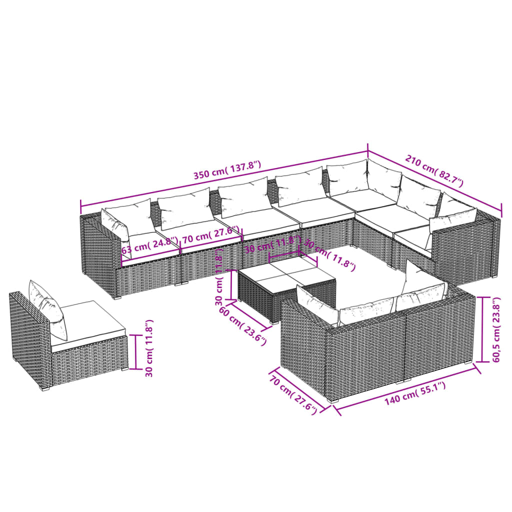 11 Piece Garden Lounge Set with Cushions Poly Rattan Grey