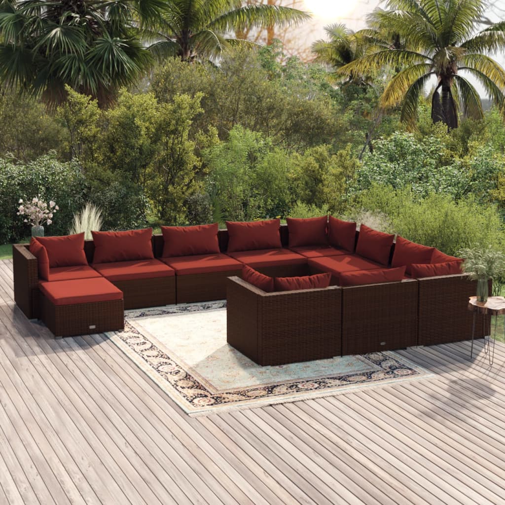 11 Piece Garden Lounge Set with Cushions Poly Rattan Brown