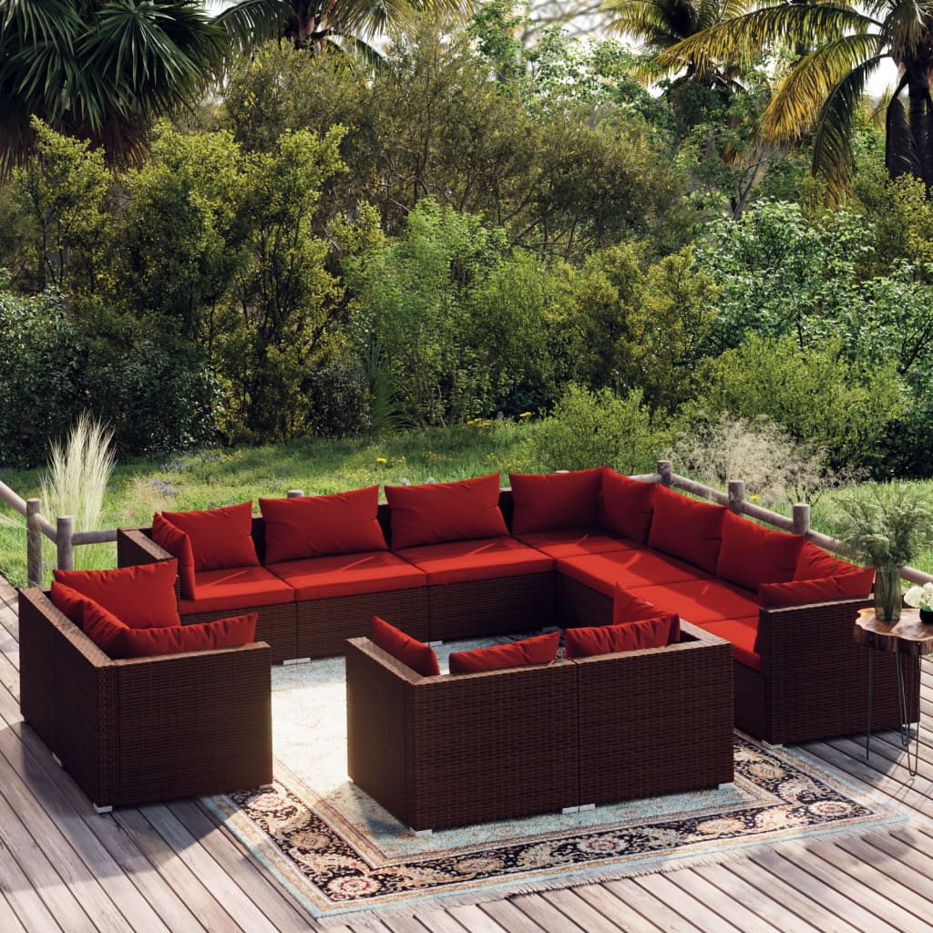 11 Piece Garden Lounge Set with Cushions Brown Poly Rattan