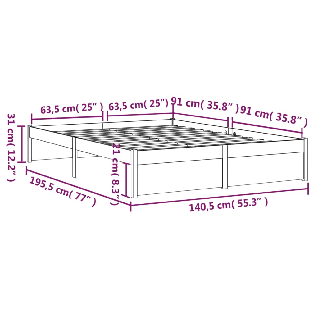 Bed Frame without Mattress Grey Solid Wood 135x190 cm