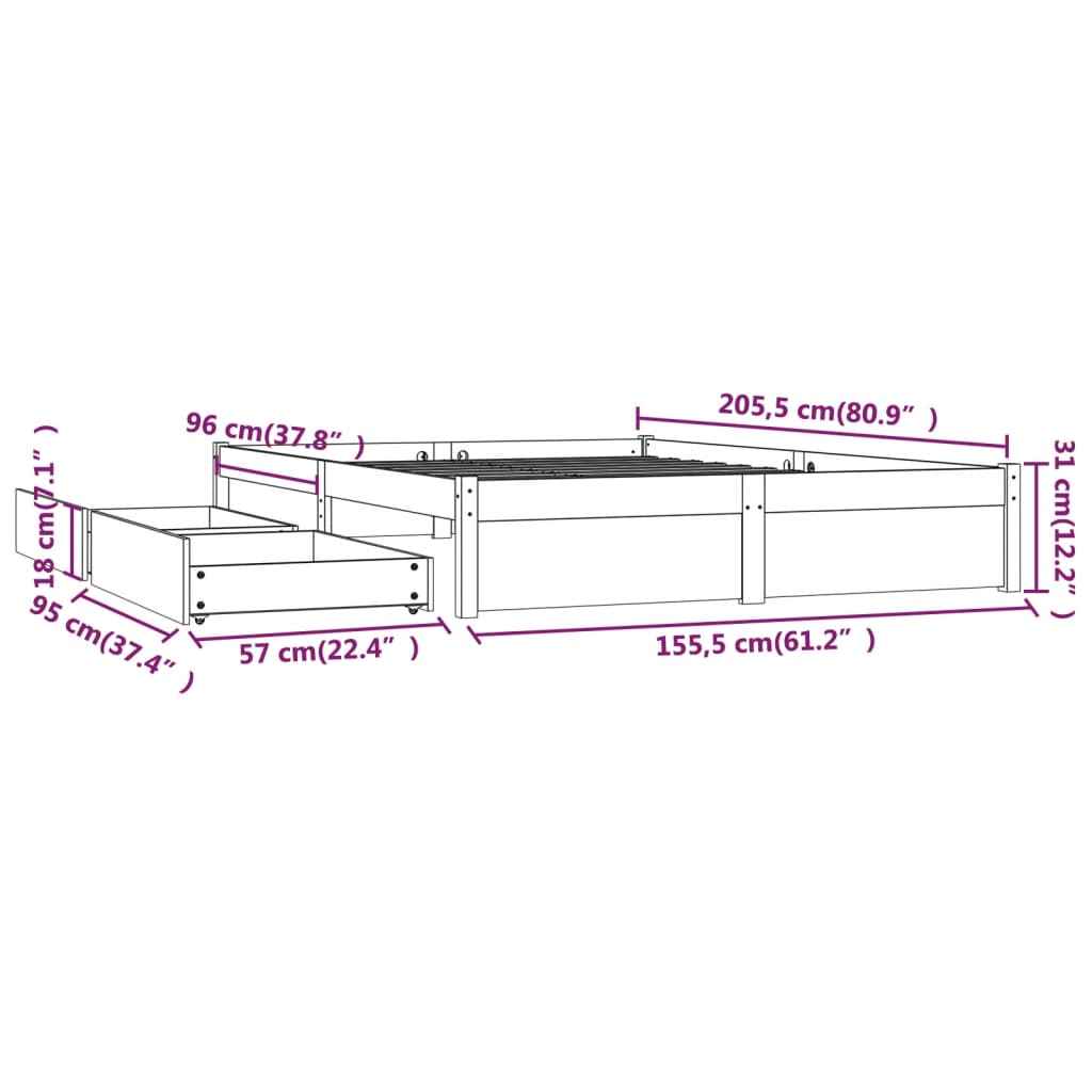 Bed Frame without Mattress with Drawers White 150x200 cm