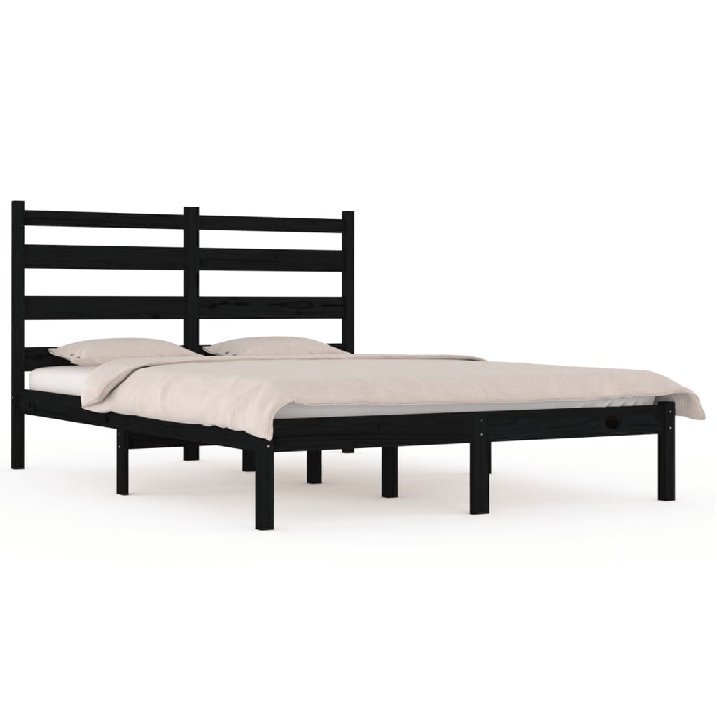 Bed Frame without Mattress Black Solid Wood Pine 135x190 cm