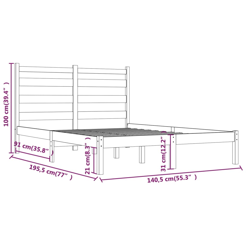 Bed Frame without Mattress Black Solid Wood Pine 135x190 cm