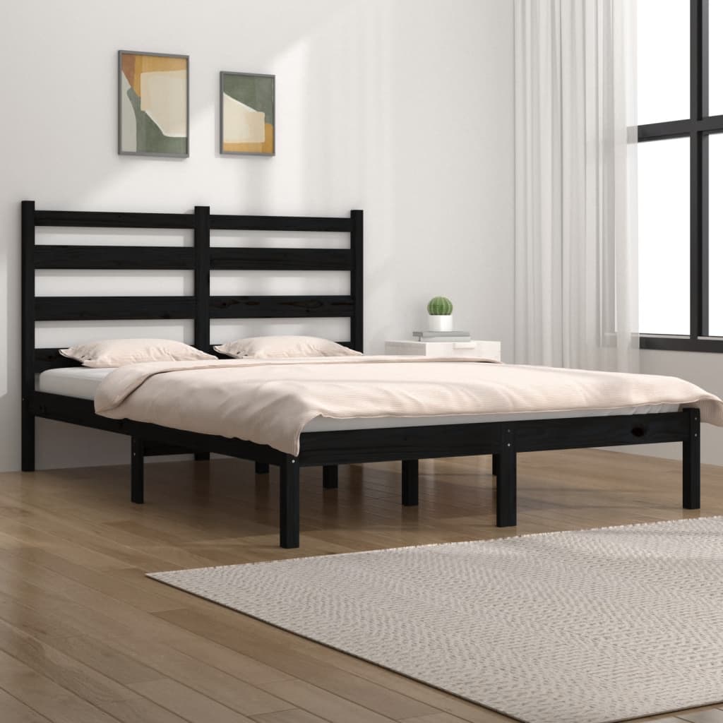 Bed Frame without Mattress Black Solid Wood Pine 135x190 cm